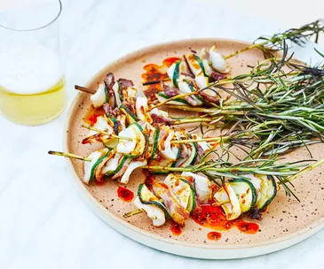Raes on Wategos’s calamari and zucchini skewers with ‘nduja vinaigrette