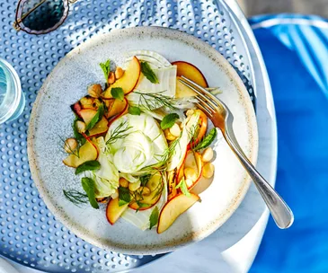 Jason Saxby’s burrata with peach, fennel, macadamia, mint and lemon myrtle oil
