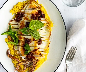 Captain Moonlite’s soffritto, southern calamari, saffron orzo and mint