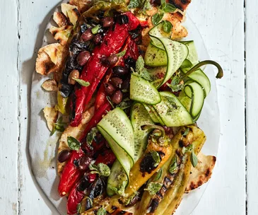 Grilled peppers and flatbread salad
