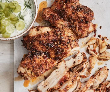 Spiced chicken with grape cacik