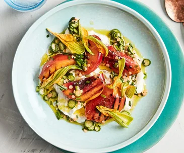 Fino’s grilled peach, zucchini flowers and stracciatella