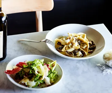 Agostino's endive salad with pistachio, Taleggio, apple and Montasio