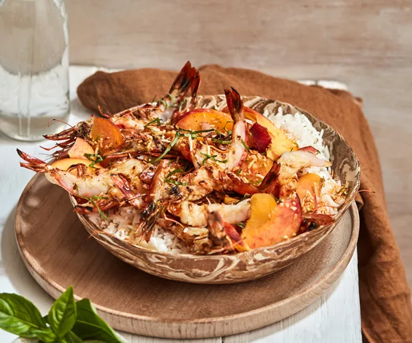 Grilled prawns with coconut rice and peach sambal