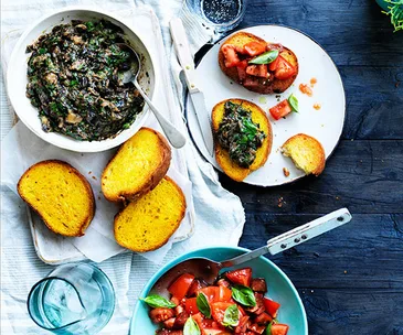 Butter-fried bread with eggplant and herbs