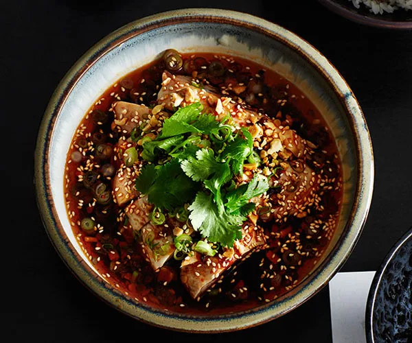 White-cut chicken, aromatic chilli oil and peanuts