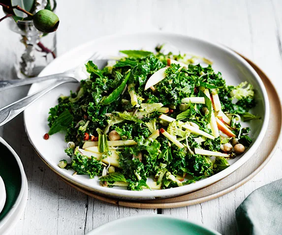 Winter salad of broccoli, apple and kale with sesame dressing