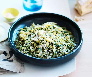 Pearl barley with artichokes, pecorino and nettle butter