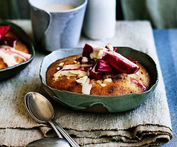 Rhubarb-hazelnut puddings with brown sugar-brandy custard