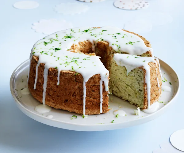 Lime and coconut angel food cake with pineapple-gin glaze