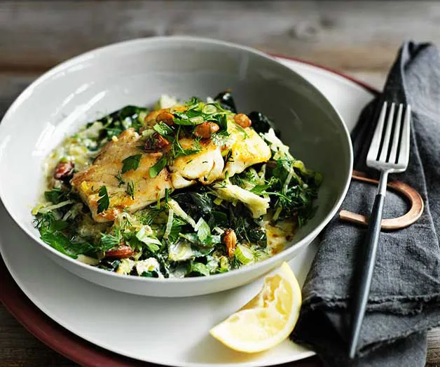 Pan-fried trevalla with avgolemono silverbeet