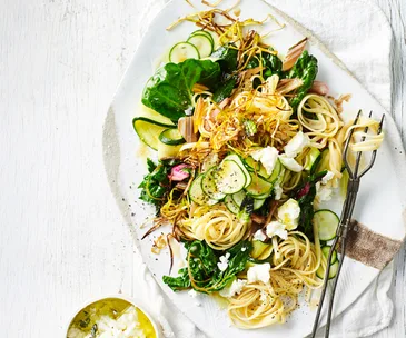 Linguine with goat’s cheese and caramelised leek