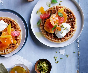 Citrus waffles with honey labne