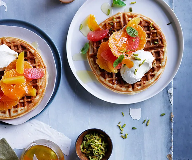 Citrus waffles with honey labne