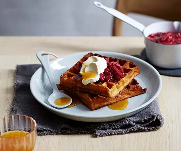 Cornersmith's buttermilk waffles with rhubarb and rose compote recipe