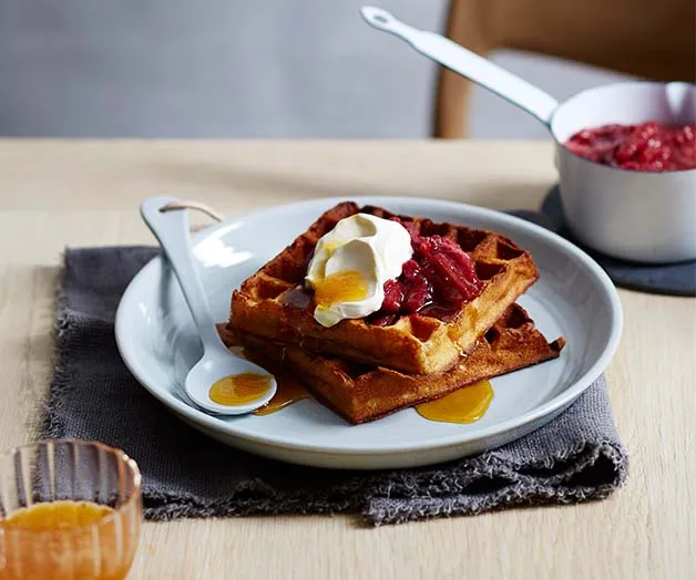 Cornersmith's buttermilk waffles with rhubarb and rose compote recipe