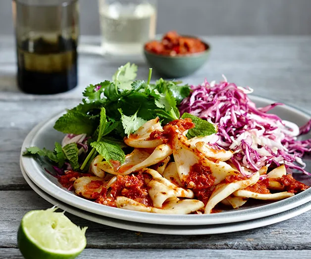 Calamari and pounded sambal with cabbage salad