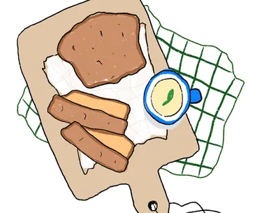 Illustration of sliced banana bread on a wooden chopping board, with a pot of butter, on a white and green checked tea towel.