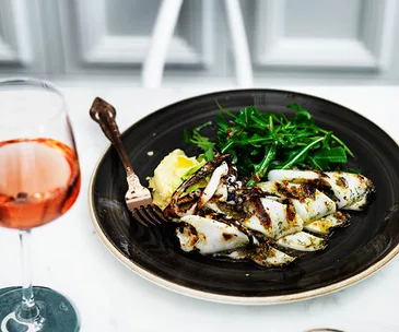 Calamari with fava, barley rusks, capers and rocket