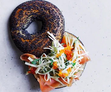 Smoked-trout bagels with celeriac, kohlrabi and fennel rémoulade and trout roe