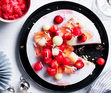 Coconut-muscovado cake with moscato and watermelon
