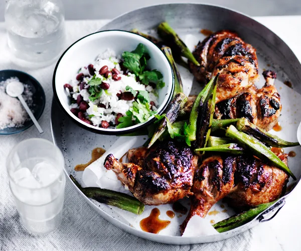 Barbecued chicken with blackened okra