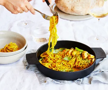 Fico’s saffron tagliolini with mussels, basil and lemon