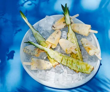Raes on Wategos’ mango-macadamia popsicles with Piña Colada pineapple