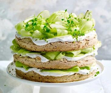 Jaclyn Koludrovic's gluten-free pistachio, lime and coconut cream cake with melon, apple and mint