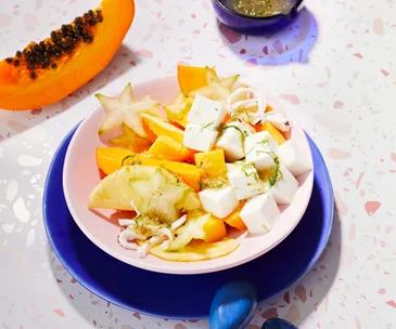 Tropical fruit salad with coconut jelly and ginger syrup