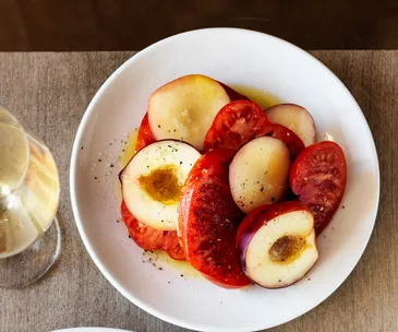 Saint Peter’s oxheart tomato and white peach salad