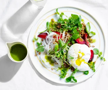 Blood plum, burrata and watercress salad with toasted barley