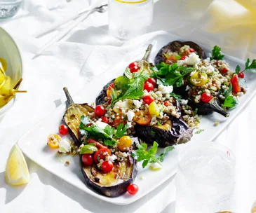 Oregano eggplant with freekeh, feta and dill