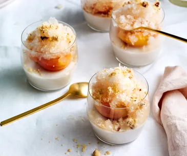 Jaclyn Koludrovic’s dairy-free almond milk jelly with prosecco-poached peach and almond crumb