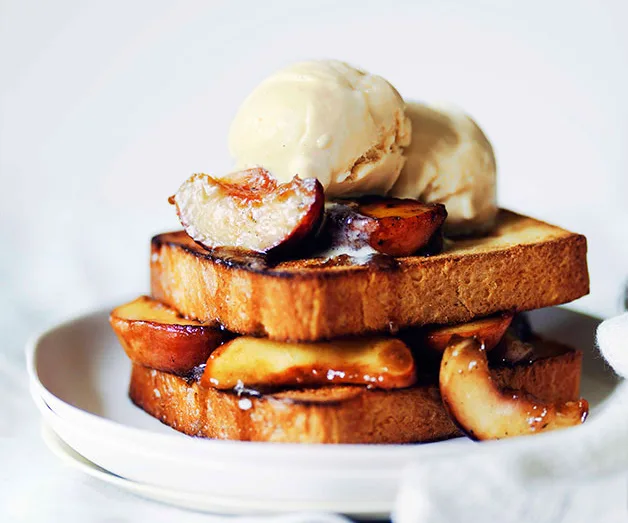 Peach brioche toasties with malted milk ice-cream