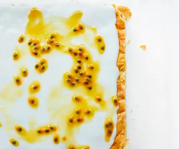 Lemon verbena custard slice with passionfruit