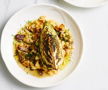 Charred cabbage with chestnuts and prawns