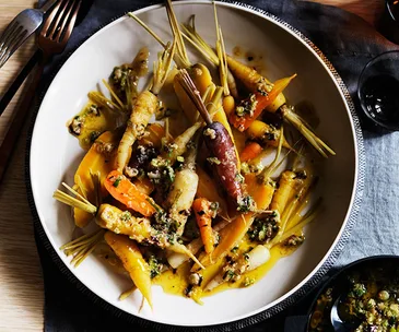 Carrots with garlic, ginger, spring onion and smoked chilli butter