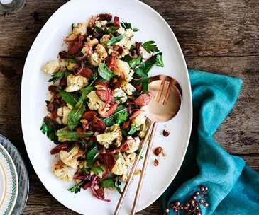 Chorizo, roasted cauliflower and almond salad