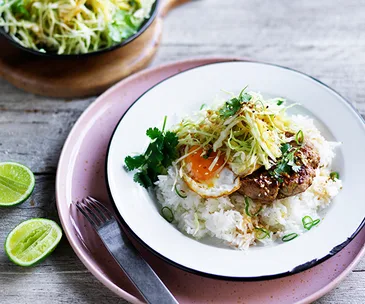 Loco moco with pineapple slaw