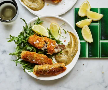 Giovanni Pilu’s crumbed sardines with pecorino and eggplant purée