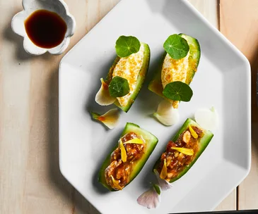 Cucumber two ways with almond miso and horseradish cream