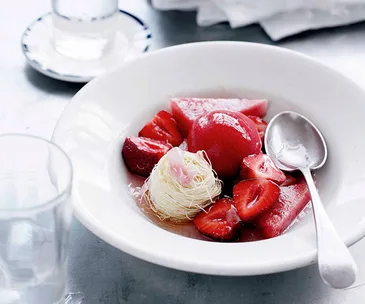 Almond and rose kataifi with watermelon salad and strawberry and ouzo sorbet