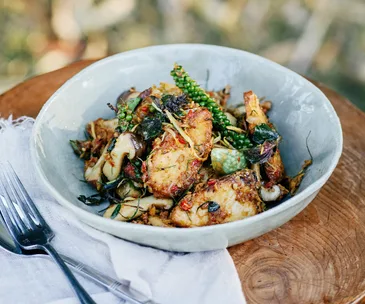 Amy Chanta and Palisa Anderson’s padt cha bpla (stir-fried fish with holy basil, wild ginger and green peppercorns)