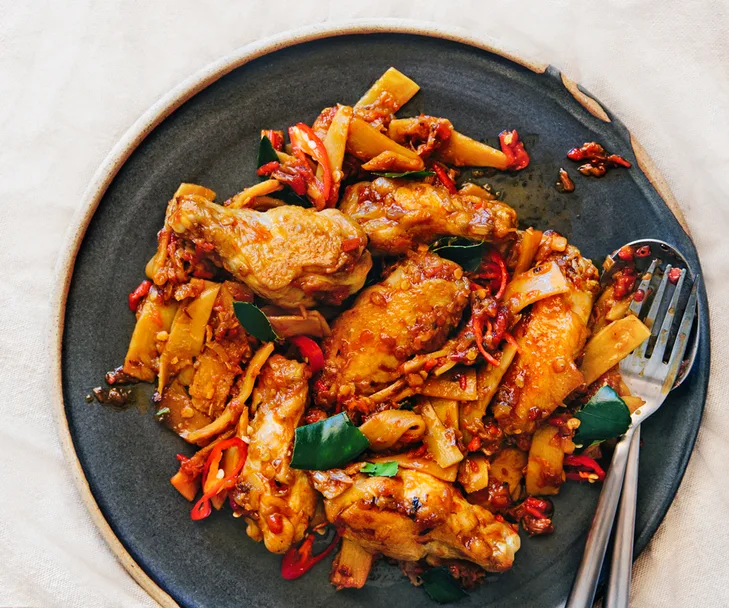Amy Chanta and Palisa Anderson&rsquo;s padt pedt gai (stir-fried spicy chicken wings and bamboo shoots)