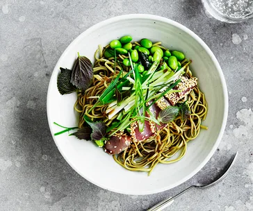 Sesame-crusted bonito and edamame with green-tea soba noodles