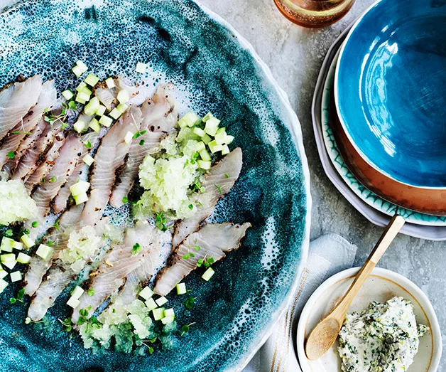 Cured kingfish with cucumber and gin and tonic granita