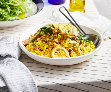 Saffron and lemon rice with fried onion