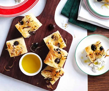 Focaccia with potato, onion, olives and burrata (focaccia con patate, cipolle, olive e burrata)