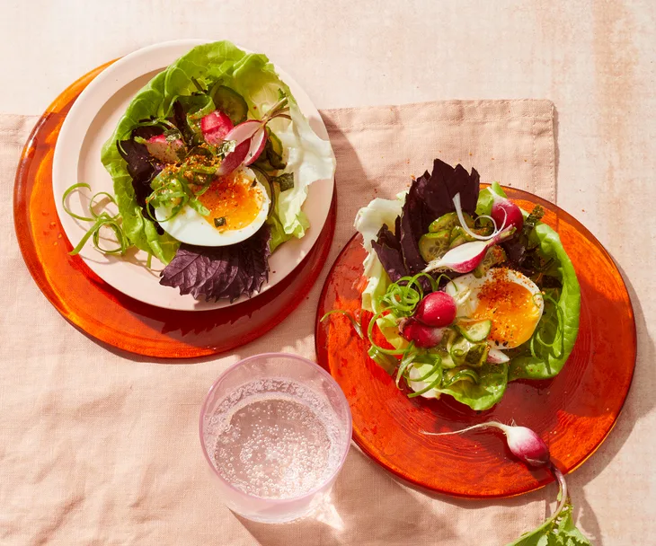 Japanese egg cups recipe served topped with miso dressing, thinly sliced scallions and wedges of radishes.